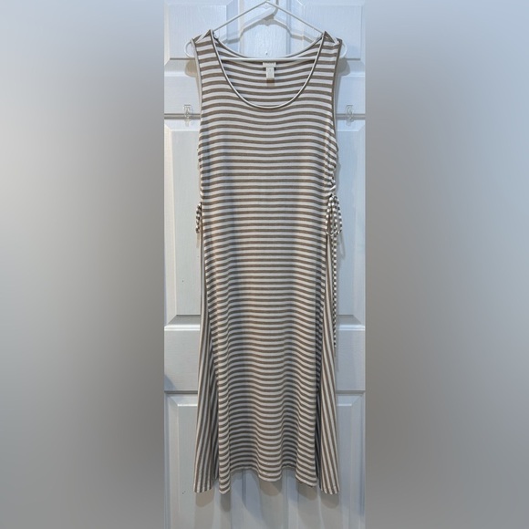 Chico's Beige White Striped Side Lacing Midi Tank Dress Size 1 M Stretch Casual - Picture 1 of 9